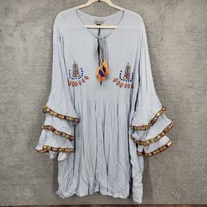 Alice & You Women's Size 22 Blue Embroidered Bell Sleeve Boho Knee Length Dress